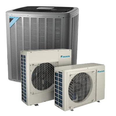 Three Daikin HVAC units are shown: one large gray outdoor unit in the back and two smaller white outdoor units in the front, all with visible vents and fan grills.
