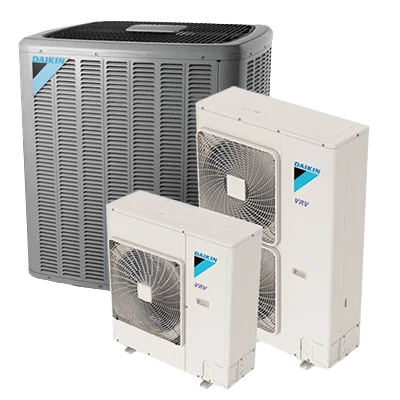 Three air conditioning units are shown: a large gray outdoor unit and two smaller white units, all featuring the Daikin brand logo.