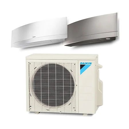 A Daikin air conditioning system, featuring a white outdoor unit with a fan and two sleek indoor wall-mounted units in white and metallic gray.