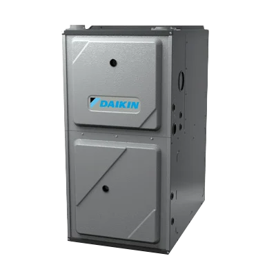 A gray Daikin furnace unit with two front panels, featuring the Daikin logo on the top panel. The furnace is free-standing against a white background.