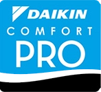 Blue and white logo for Daikin Comfort Pro, featuring the Daikin name and emblem above the words COMFORT PRO in bold white letters.