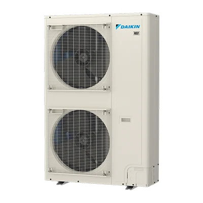 A white Daikin outdoor air conditioning unit with two large circular fans stacked vertically, metal grilles, and the Daikin logo on the top right corner.