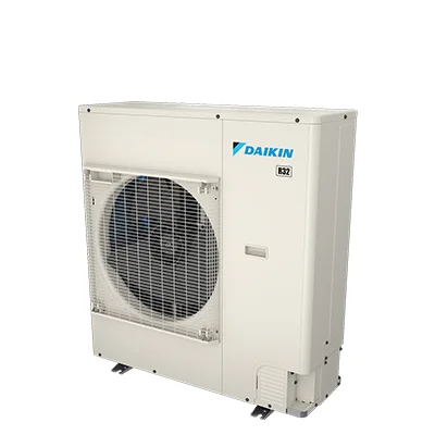 A white Daikin outdoor air conditioning unit with a visible fan behind a metal grille and the Daikin logo on the front.