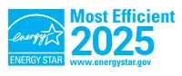 Blue and white ENERGY STAR logo with a star symbol and text: Most Efficient 2025 www.energystar.gov.
