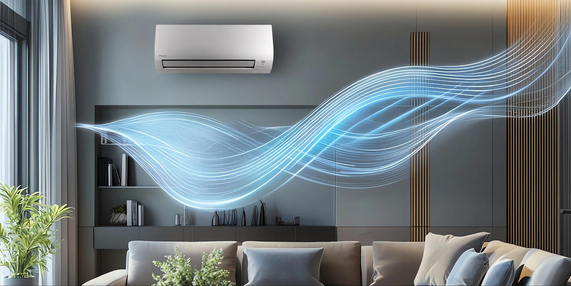 A modern living room with a wall-mounted air conditioner blowing stylized blue air waves across the room, above a beige sofa with plants and shelves in the background.