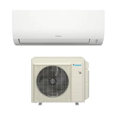 A white wall-mounted Daikin air conditioner indoor unit is shown above a matching outdoor compressor unit. Both units are simple and rectangular in design.