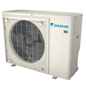Outdoor unit of a Daikin air conditioning system, featuring a large fan behind a protective grille and labeled with the Daikin logo and R32 refrigerant marking on the side.