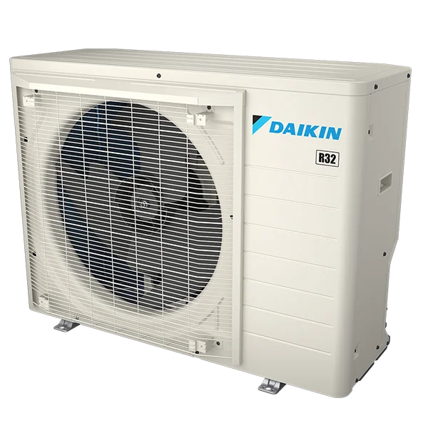 Outdoor unit of a Daikin air conditioning system, featuring a large fan behind a protective grille and labeled with the Daikin logo and R32 refrigerant marking on the side.