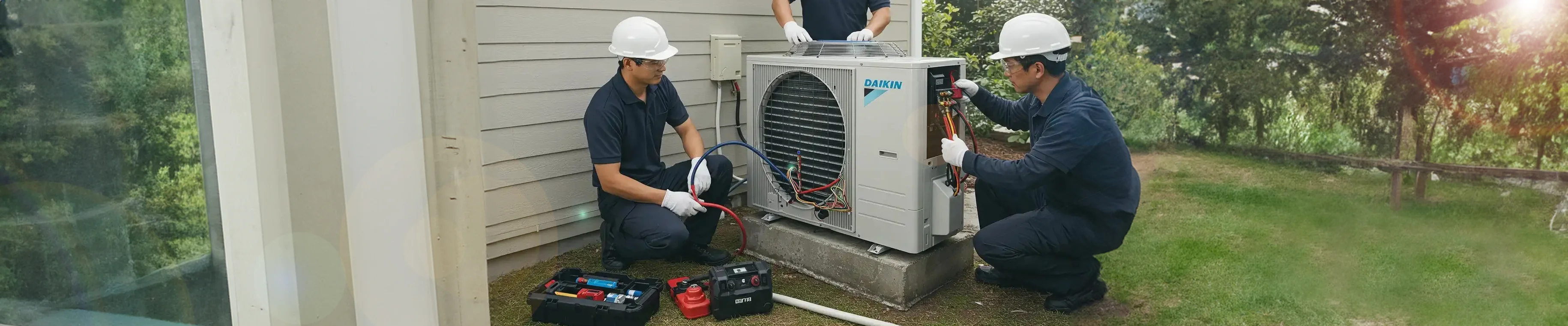 Three workers in safety gear install or repair an outdoor air conditioning unit next to a house, using various tools and equipment on the grass.