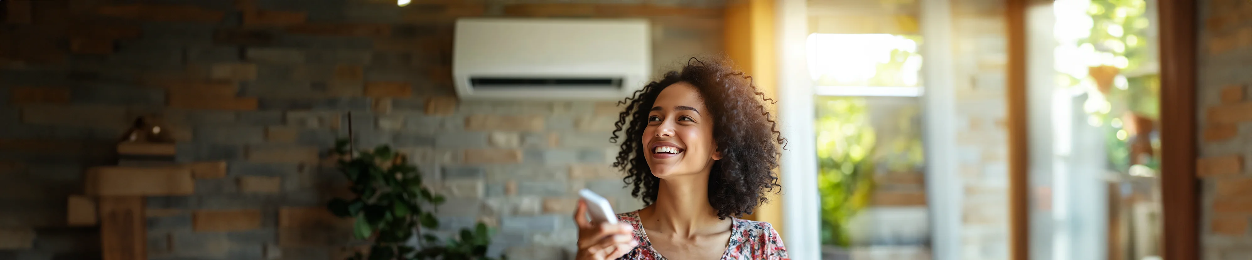 A smiling woman with curly hair holds a remote control in a modern living room with a stone wall and a wall-mounted air conditioner in the background. Sunlight streams through large windows.