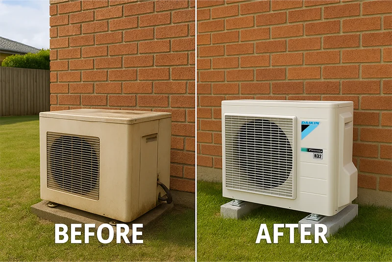 Side-by-side images show an old, dirty air conditioning unit labeled BEFORE and a new, clean outdoor unit labeled AFTER, both positioned against a brick wall on a grassy lawn.